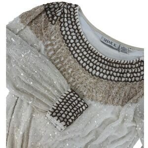 Shail K. Beaded Sequin Cocktail Dress Cream Scalloped Neck Art Deco 20's Gatsby‎